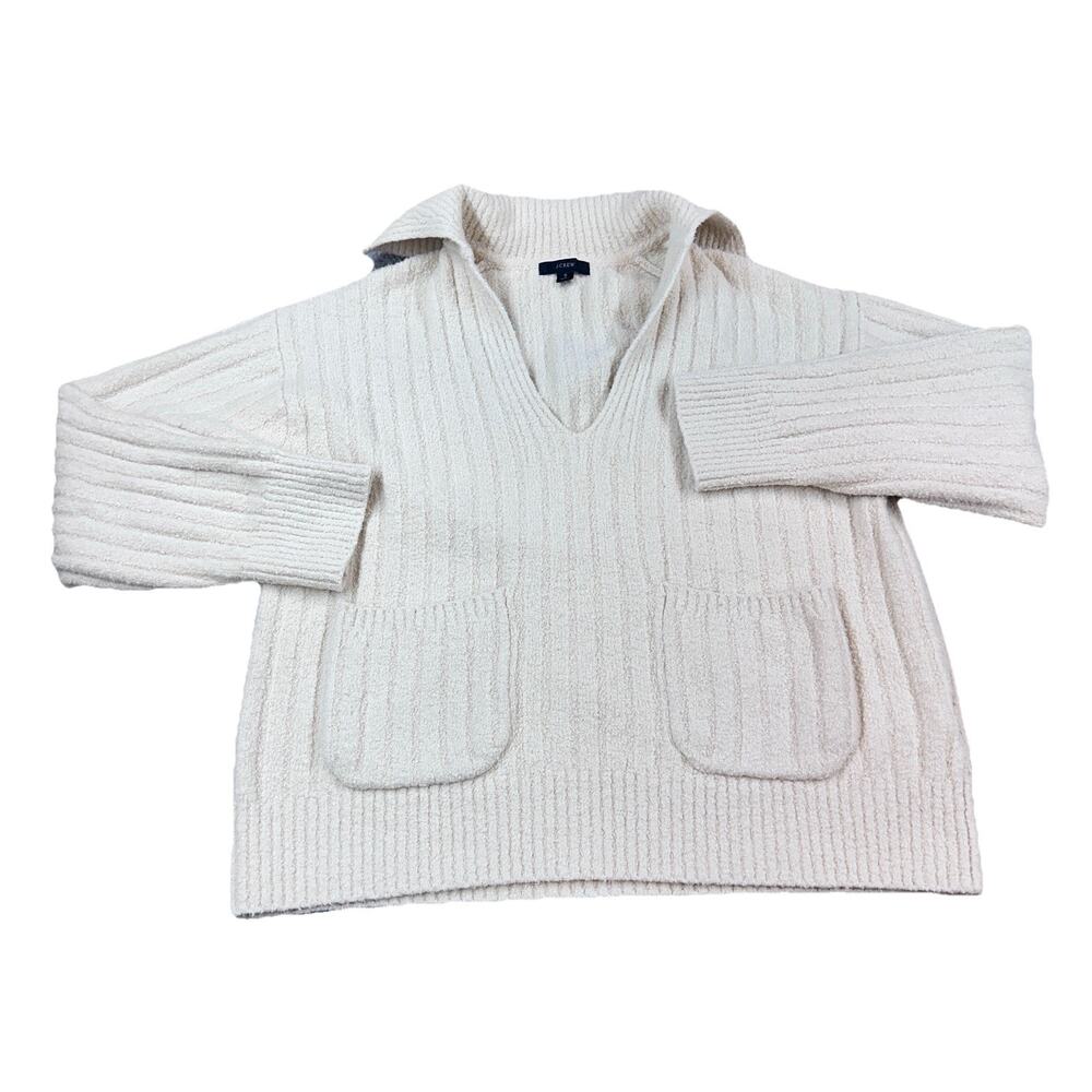 J.Crew Boucle Beach Sweater Womens S Cream Ribbed V Neck Coastal Preppy - Picture 3 of 11